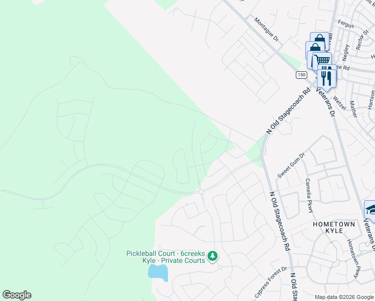 map of restaurants, bars, coffee shops, grocery stores, and more near Six Creeks Boulevard in Kyle