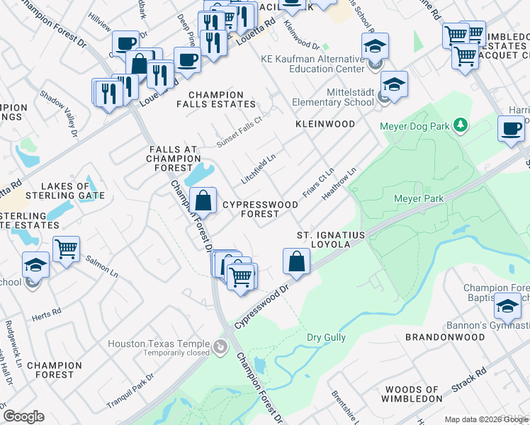 map of restaurants, bars, coffee shops, grocery stores, and more near 16211 Friar Circle in Spring