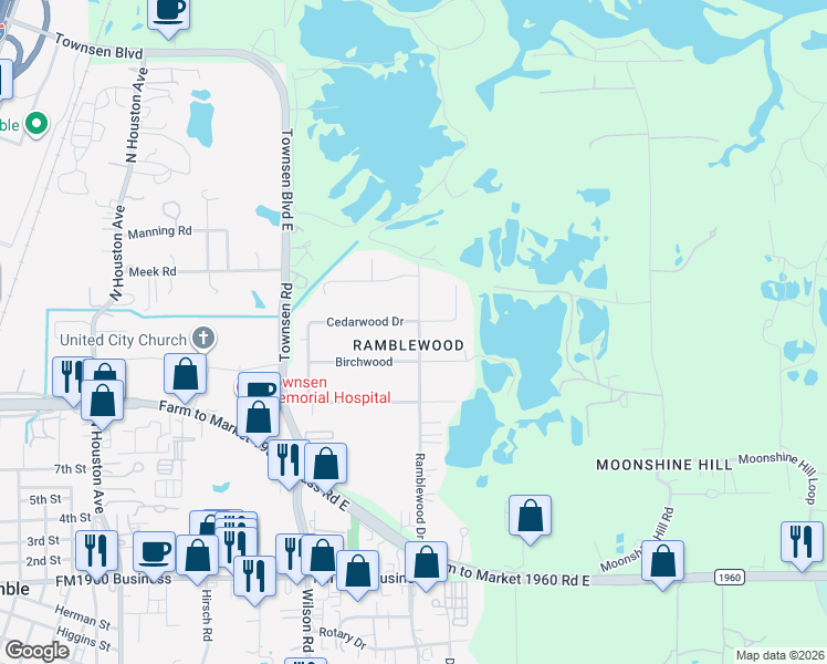 map of restaurants, bars, coffee shops, grocery stores, and more near 11402 Cedarwood in Humble