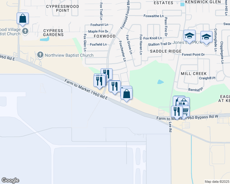 map of restaurants, bars, coffee shops, grocery stores, and more near 7150 Foxbrick Lane in Humble