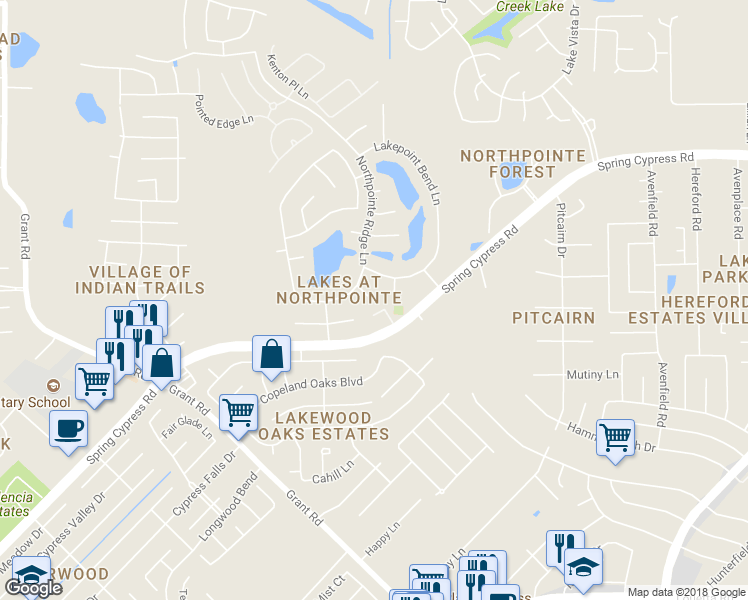 map of restaurants, bars, coffee shops, grocery stores, and more near 14002 Glade Bridge Court in Cypress