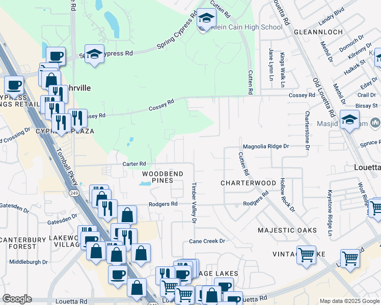 map of restaurants, bars, coffee shops, grocery stores, and more near 16315 Timber Valley Drive in Houston