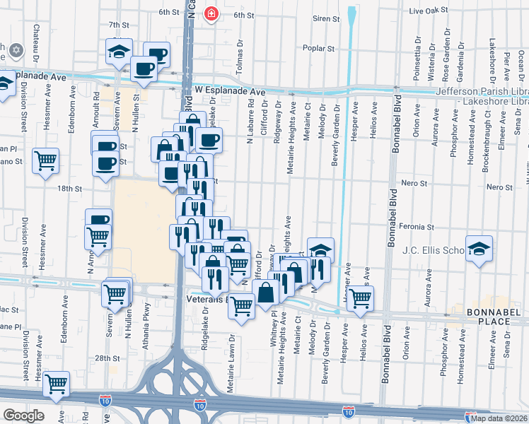 map of restaurants, bars, coffee shops, grocery stores, and more near 3117 Clifford Drive in Metairie