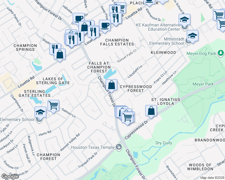 map of restaurants, bars, coffee shops, grocery stores, and more near 8210 Turnmill Court in Spring
