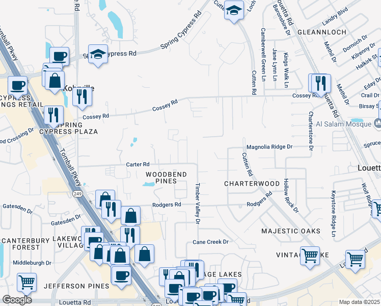 map of restaurants, bars, coffee shops, grocery stores, and more near 16315 Timber Valley Drive in Houston