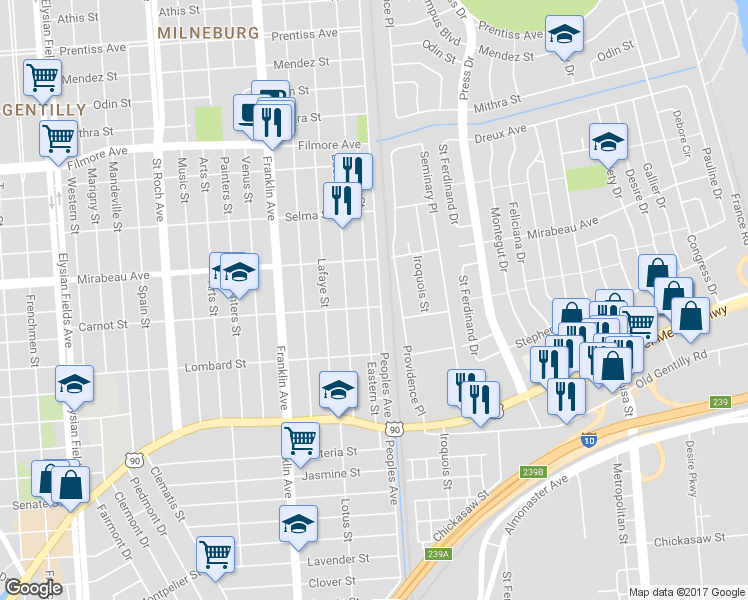 map of restaurants, bars, coffee shops, grocery stores, and more near 4715 Eastern Street in New Orleans