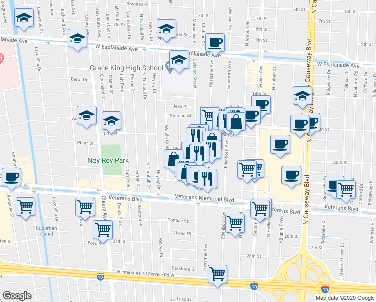 map of restaurants, bars, coffee shops, grocery stores, and more near 3726 Olney Street in Metairie