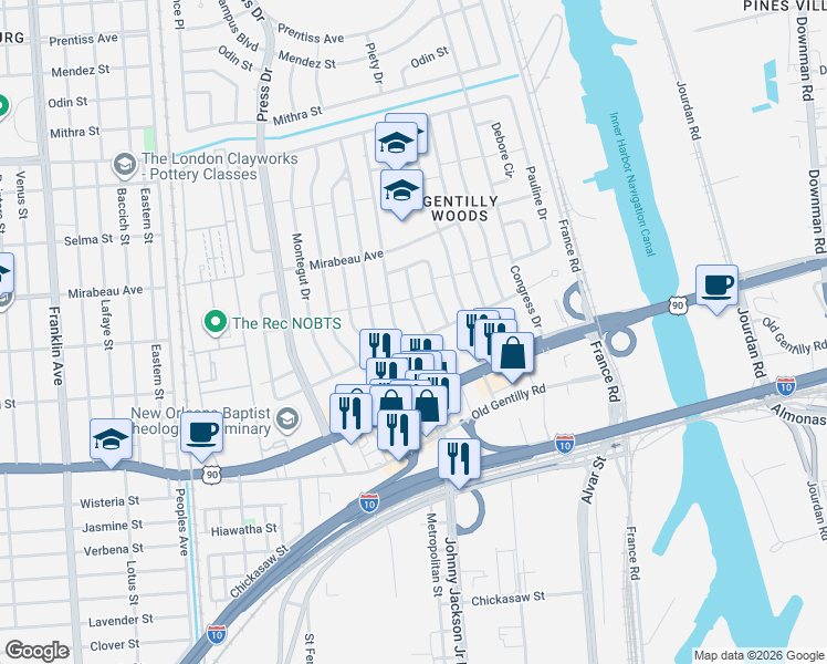 map of restaurants, bars, coffee shops, grocery stores, and more near 4516 Louisa Drive in New Orleans