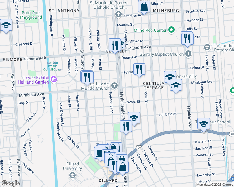 map of restaurants, bars, coffee shops, grocery stores, and more near 4820 Elysian Fields Avenue in New Orleans