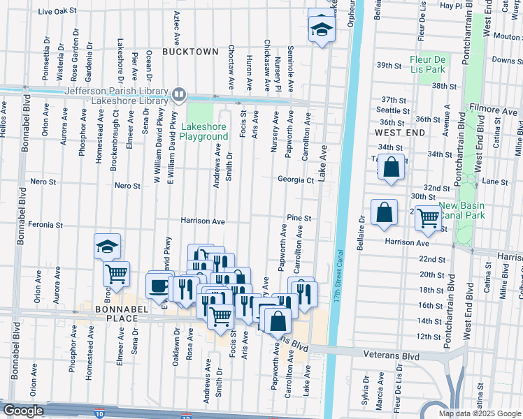 map of restaurants, bars, coffee shops, grocery stores, and more near 501 Pine Street in Metairie