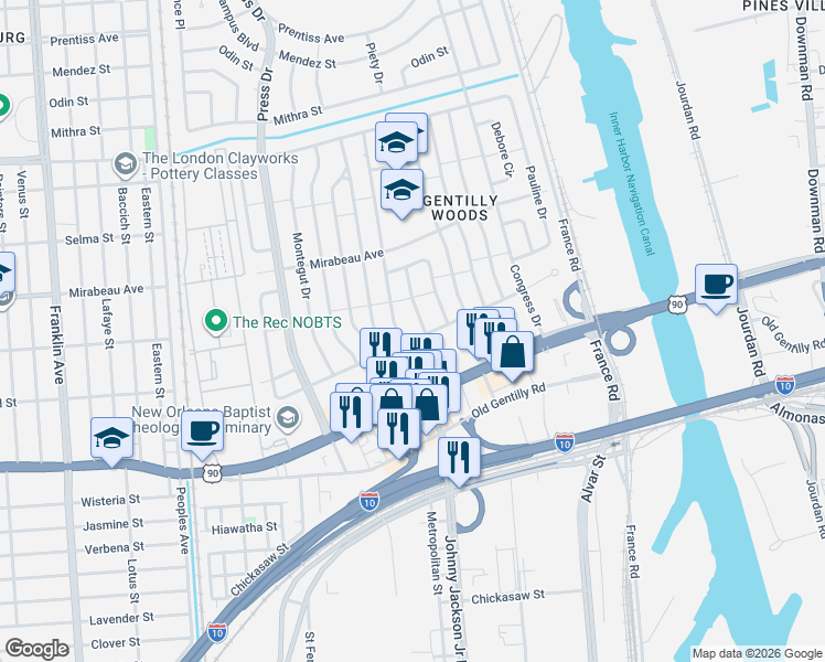 map of restaurants, bars, coffee shops, grocery stores, and more near 4516 Louisa Drive in New Orleans