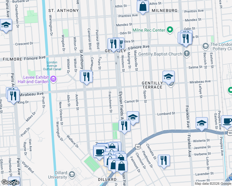map of restaurants, bars, coffee shops, grocery stores, and more near in New Orleans