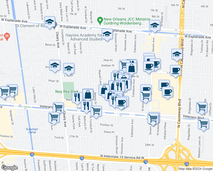 map of restaurants, bars, coffee shops, grocery stores, and more near 3748 Olney Street in Metairie