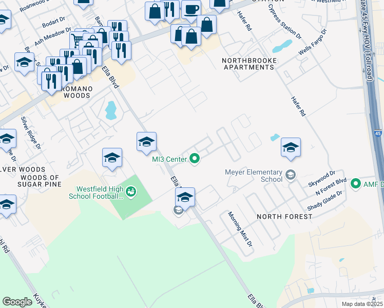 map of restaurants, bars, coffee shops, grocery stores, and more near 16619 Doves Nest Court in Houston