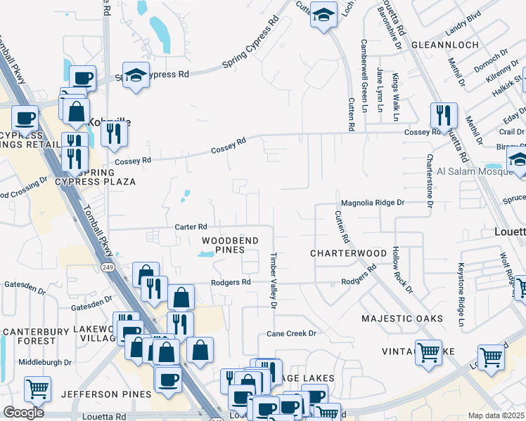 map of restaurants, bars, coffee shops, grocery stores, and more near 16315 Timber Valley Drive in Houston