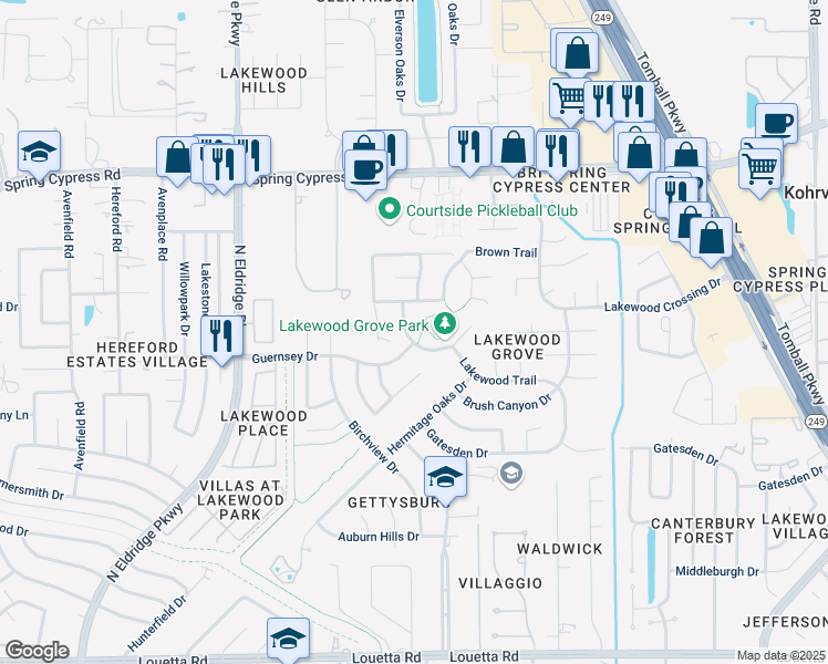 map of restaurants, bars, coffee shops, grocery stores, and more near 15823 Oak Island Drive in Tomball