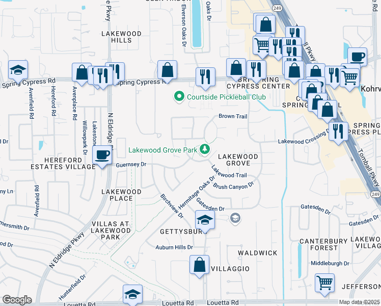 map of restaurants, bars, coffee shops, grocery stores, and more near 15823 Oak Island Drive in Tomball