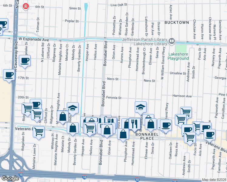map of restaurants, bars, coffee shops, grocery stores, and more near 1017 Orion Avenue in Metairie