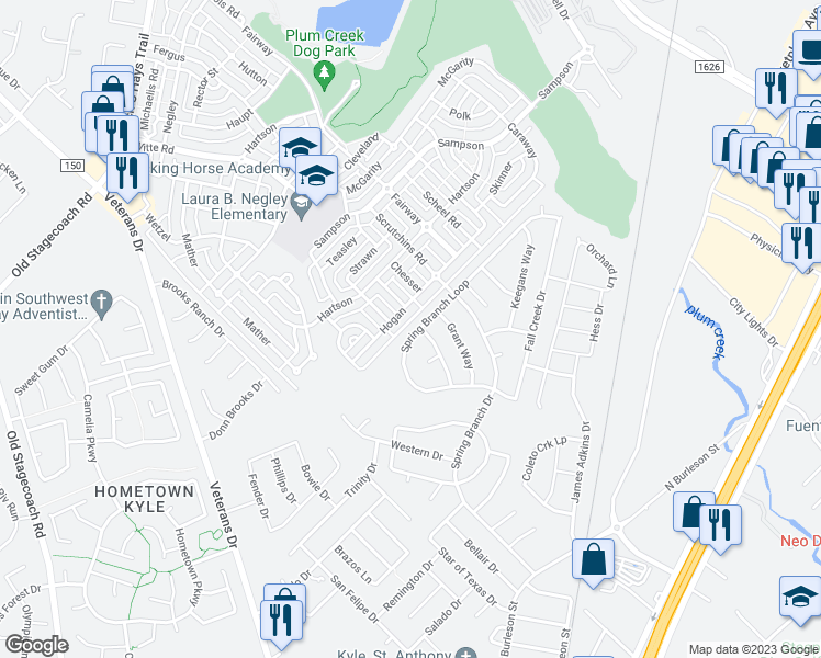 map of restaurants, bars, coffee shops, grocery stores, and more near 209 Spring Branch Loop in Kyle