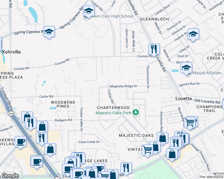 map of restaurants, bars, coffee shops, grocery stores, and more near 16330 Cutten Road in Houston
