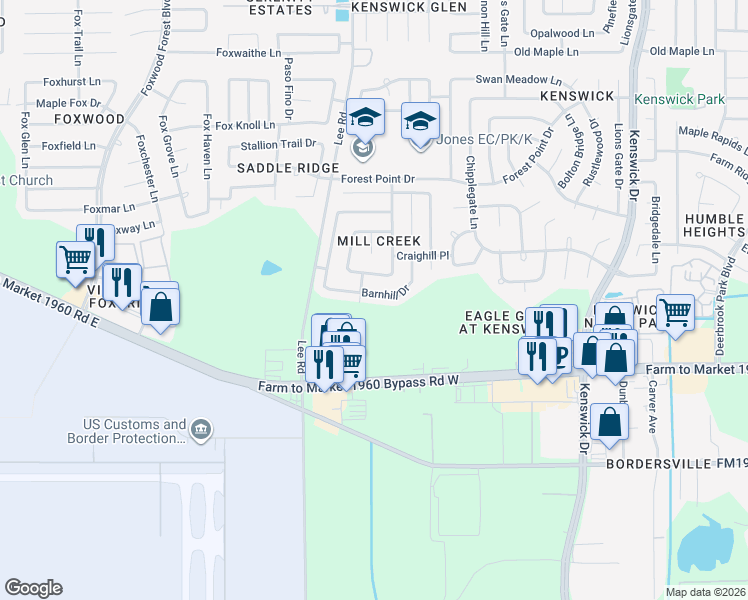 map of restaurants, bars, coffee shops, grocery stores, and more near 7910 Barnhill Drive in Humble