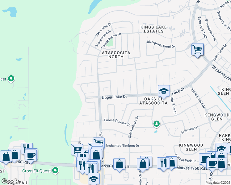 map of restaurants, bars, coffee shops, grocery stores, and more near 19707 Burle Oaks Court in Humble
