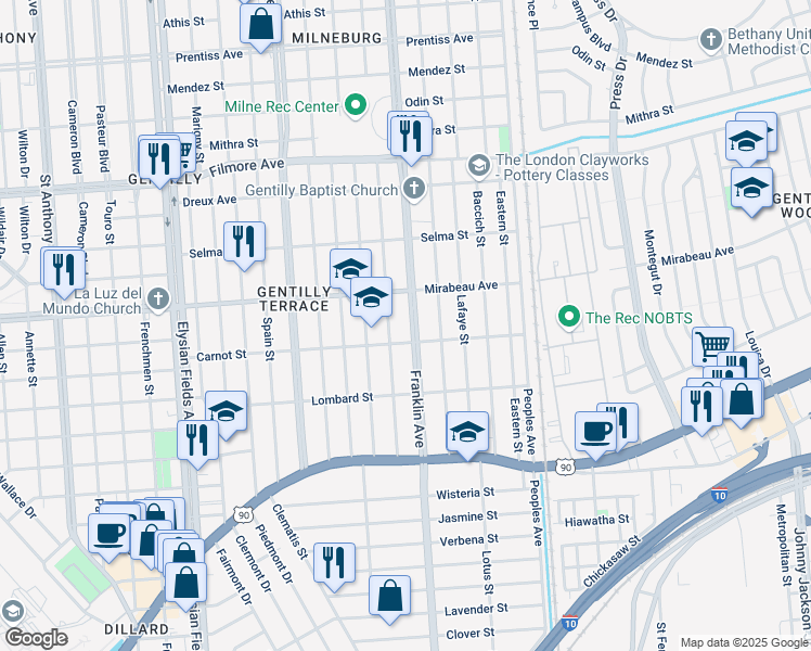 map of restaurants, bars, coffee shops, grocery stores, and more near 4728 Franklin Avenue in New Orleans
