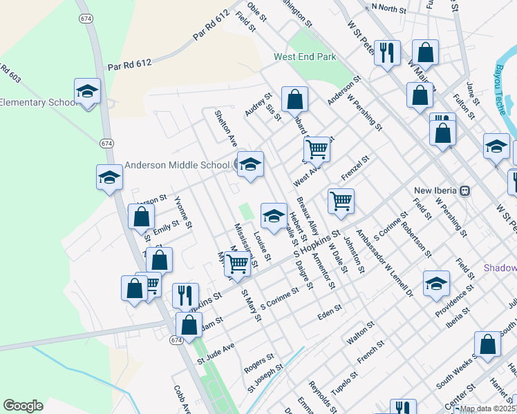 map of restaurants, bars, coffee shops, grocery stores, and more near 1059 Anderson Street in New Iberia