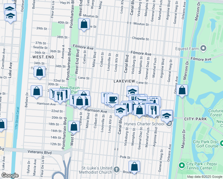 map of restaurants, bars, coffee shops, grocery stores, and more near 6424 Louis XIV Street in New Orleans