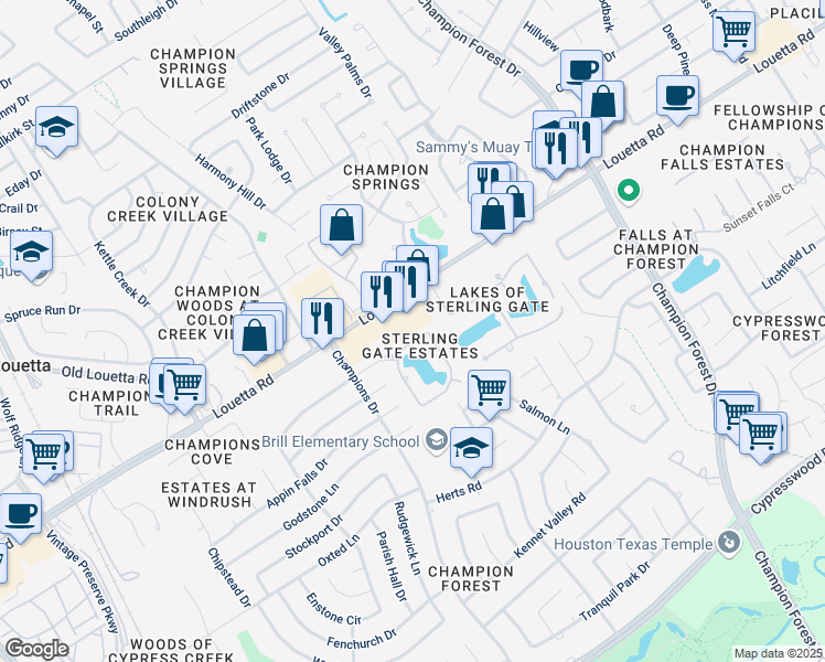 map of restaurants, bars, coffee shops, grocery stores, and more near 8910 Sterling Gate Circle in Spring