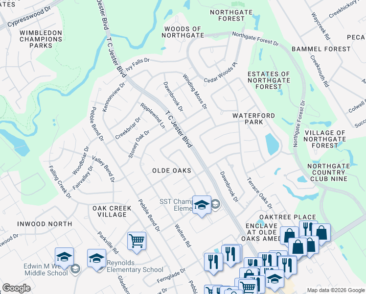 map of restaurants, bars, coffee shops, grocery stores, and more near 15318 Ripplewind Lane in Houston