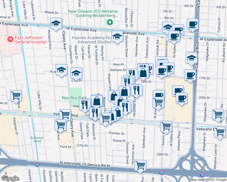 map of restaurants, bars, coffee shops, grocery stores, and more near 3748 Olney Street in Metairie