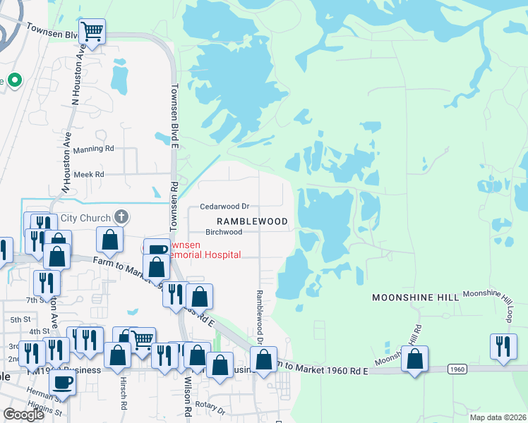 map of restaurants, bars, coffee shops, grocery stores, and more near 11402 Cedarwood in Humble