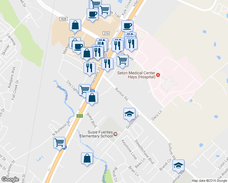 map of restaurants, bars, coffee shops, grocery stores, and more near 100 County Road 130 in Kyle