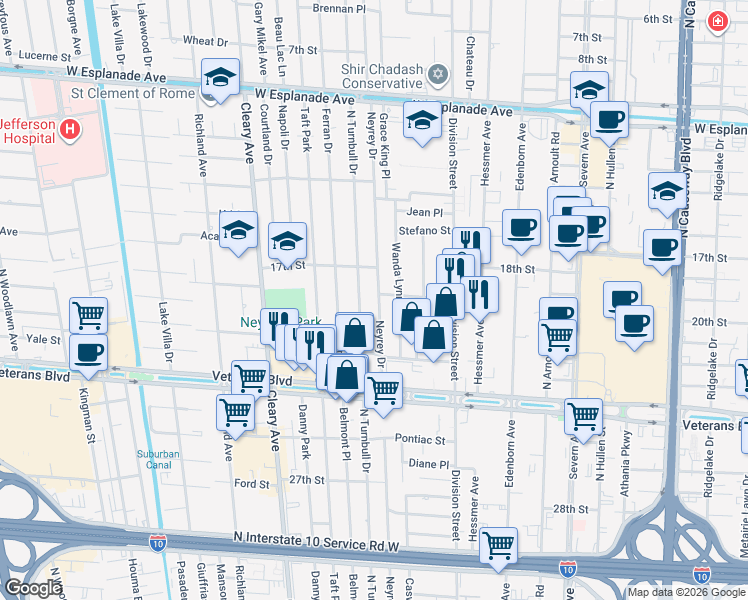 map of restaurants, bars, coffee shops, grocery stores, and more near 3612 Neyrey Drive in Metairie
