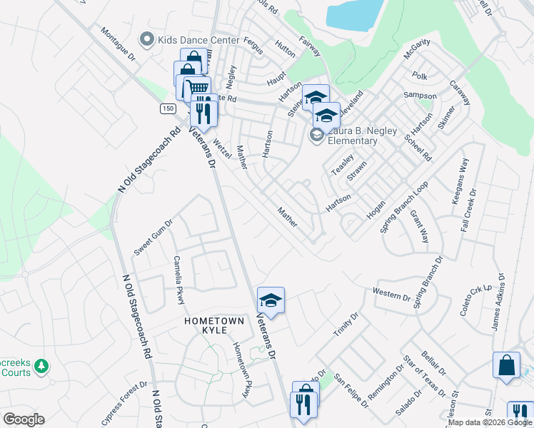 map of restaurants, bars, coffee shops, grocery stores, and more near 4332 Mather in Kyle