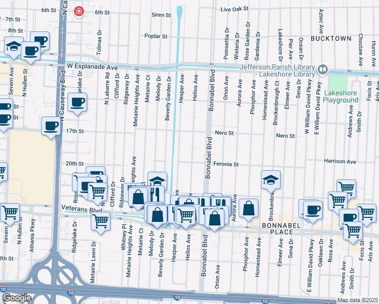 map of restaurants, bars, coffee shops, grocery stores, and more near 1016 Helios Avenue in Metairie