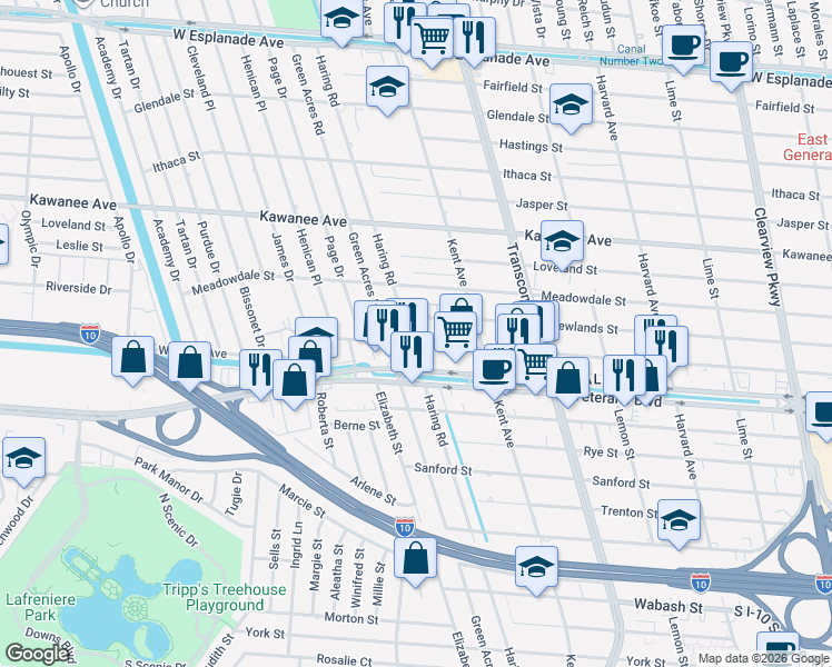 map of restaurants, bars, coffee shops, grocery stores, and more near 3412 Haring Road in Metairie