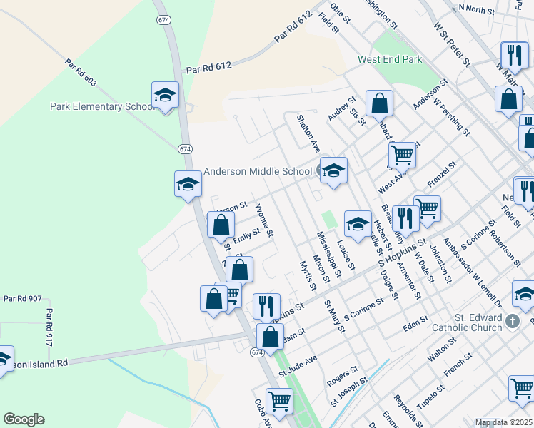 map of restaurants, bars, coffee shops, grocery stores, and more near 729 Myrtis Street in New Iberia