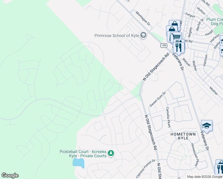 map of restaurants, bars, coffee shops, grocery stores, and more near 164 Stock Pond Trail in Kyle