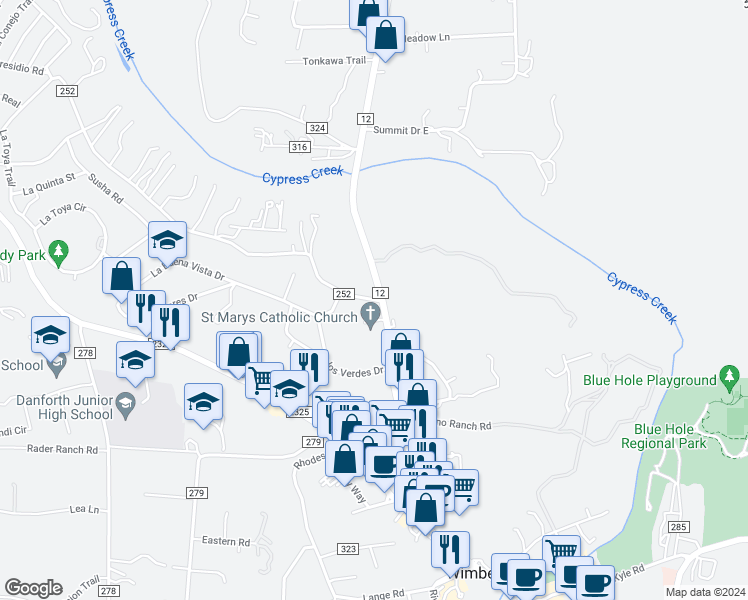 map of restaurants, bars, coffee shops, grocery stores, and more near 39 Cypress Creek Lane in Wimberley