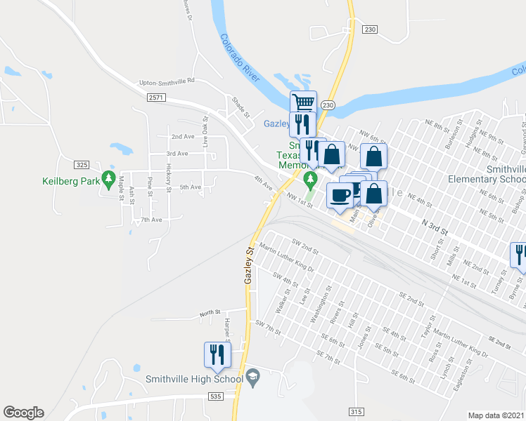 map of restaurants, bars, coffee shops, grocery stores, and more near 112 Gazley Street in Smithville