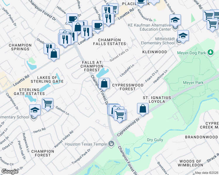 map of restaurants, bars, coffee shops, grocery stores, and more near 8210 Turnmill Court in Spring