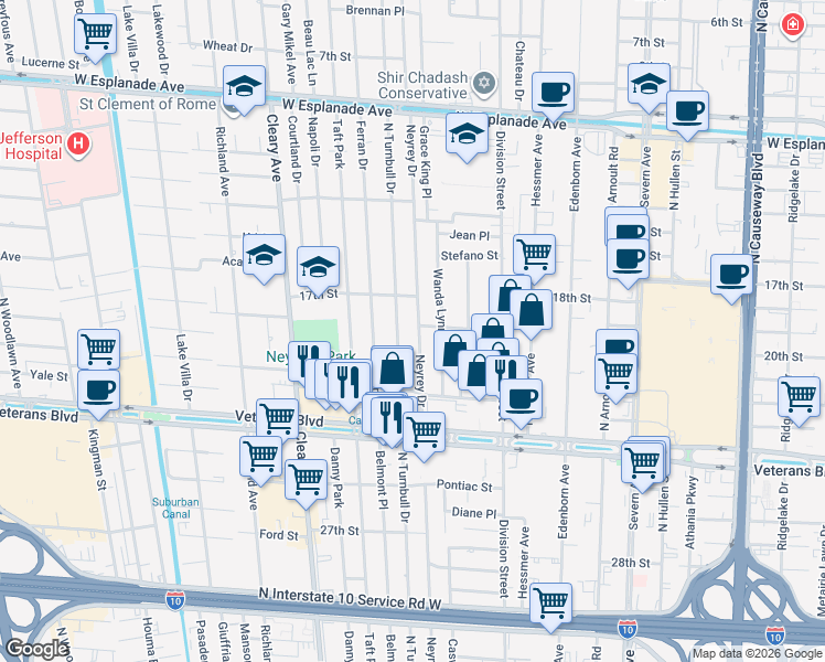 map of restaurants, bars, coffee shops, grocery stores, and more near 3612 Neyrey Drive in Metairie