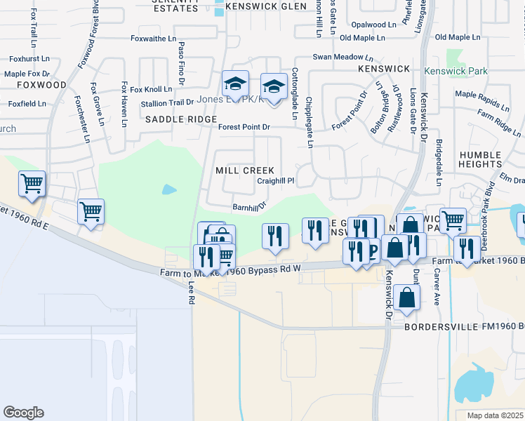 map of restaurants, bars, coffee shops, grocery stores, and more near 8010 Barnhill Drive in Humble