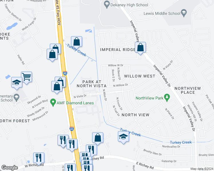 map of restaurants, bars, coffee shops, grocery stores, and more near 16523 Vista Oak Drive in Houston