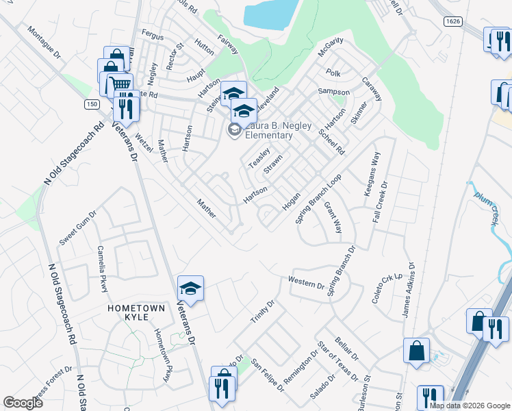 map of restaurants, bars, coffee shops, grocery stores, and more near 123 Tompkins in Kyle