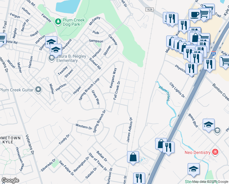 map of restaurants, bars, coffee shops, grocery stores, and more near 181 Fall Creek Drive in Kyle