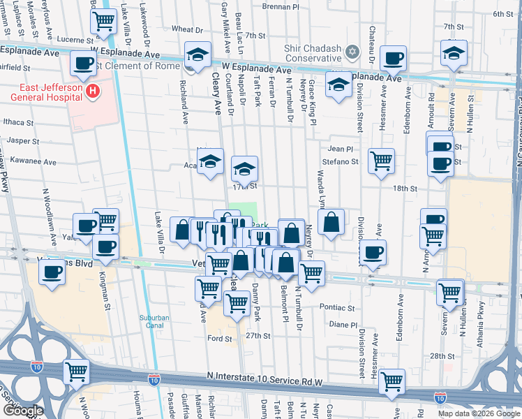 map of restaurants, bars, coffee shops, grocery stores, and more near 3608 Taft Park in Metairie