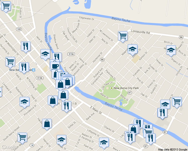 map of restaurants, bars, coffee shops, grocery stores, and more near 159 Pollard Ave in New Iberia